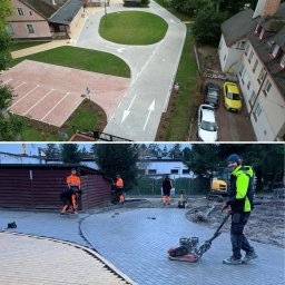 KMC Krzysztof Machaj Company - Układanie kostki brukowej na terenie ośrodka: widok z góry na gotowy parking i drogę z kostki, oraz zbliżenie na etap prac z użyciem zagęszczarki i uśmiechniętego brukarza.