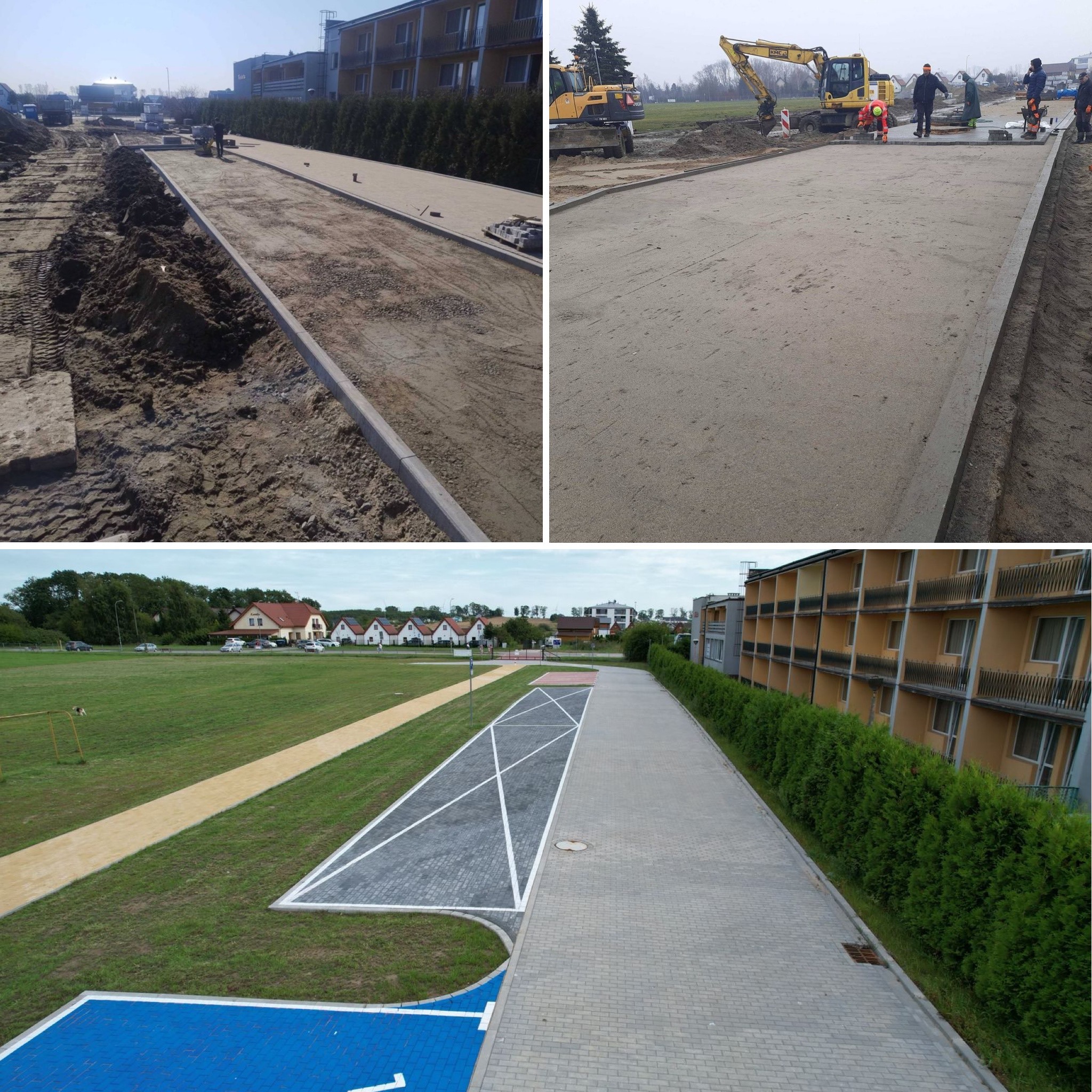 Układanie kostki brukowej na terenie ośrodka wypoczynkowego. Widoczne etapy prac: przygotowanie podłoża, układanie obrzeży i kostki. Na zdjęciu pracownicy i sprzęt budowlany.