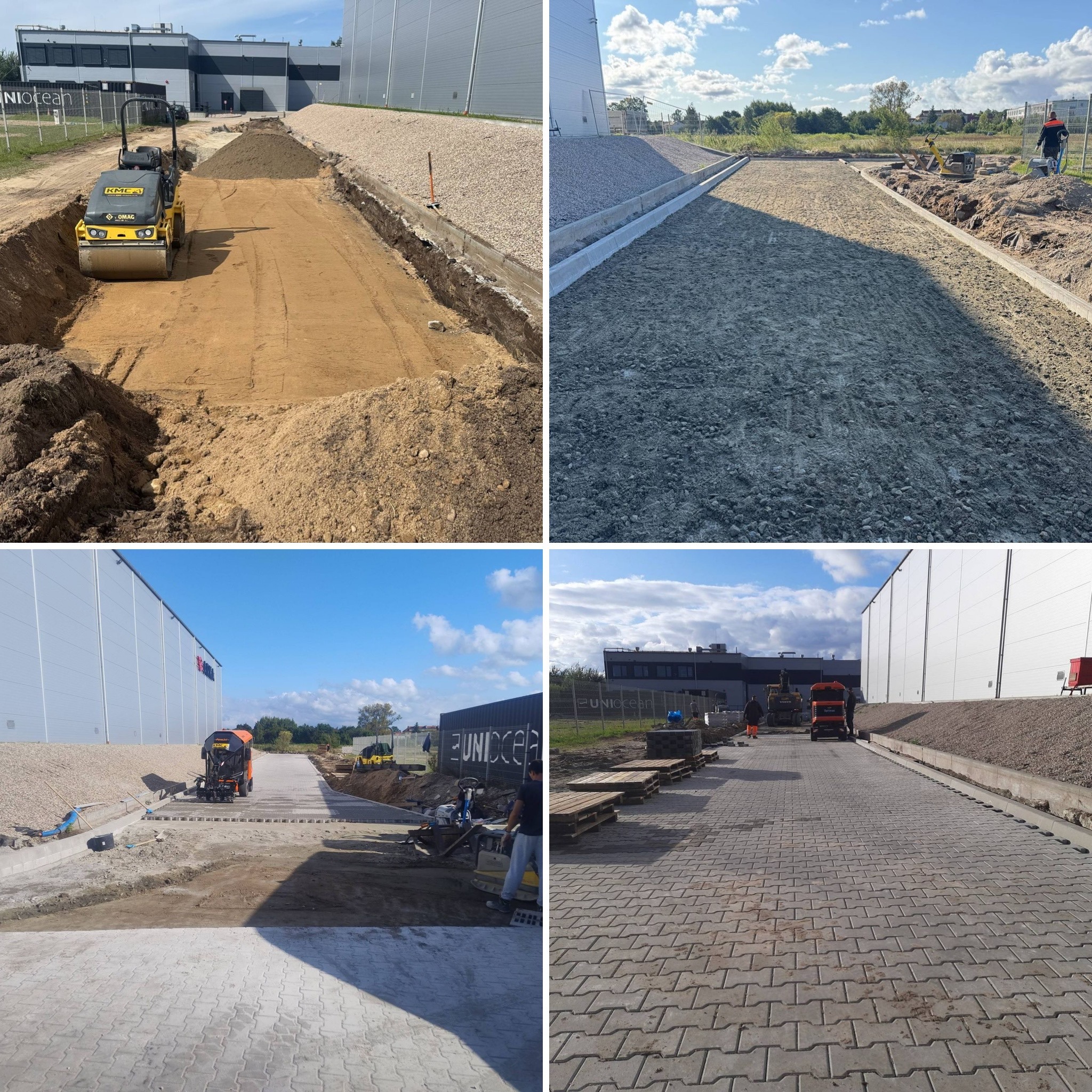 Czteropanelowe ujęcie budowy drogi: od wykopu i ubijania ziemi, przez nasypy z kruszywa, po ułożoną kostkę brukową przy hali magazynowej.