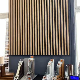 Ekspozycja przekroj&oacute;w ram okiennych w r&oacute;żnych kolorach i materiałach, z drewnianą listwą dekoracyjną na ścianie w tle.