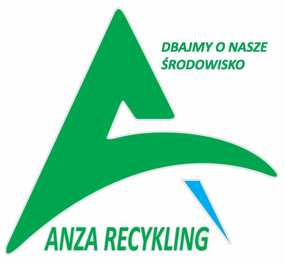 Logo firmy Anza Recykling z zielonym symbolem przypominającym literę A i hasłem 'Dbajmy o nasze środowisko' w kolorze zielonym, z niebieskim elementem graficznym.