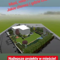 Wizualizacja 3D projektu zagospodarowania terenu wokół nowoczesnego domu z ogrodem, zawierającym trawnik, drzewa, krzewy i mały zbiornik wodny, prezentowana przez Pracownię Architektury Krajobrazu...