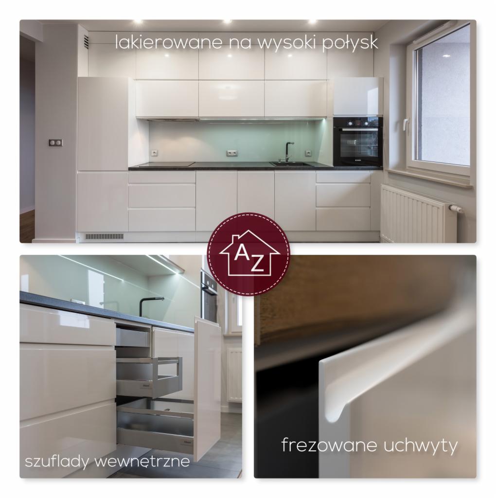 Biała, lakierowana na wysoki połysk zabudowa kuchenna z frezowanymi uchwytami i wewnętrznymi szufladami, widok ogólny i zbliżenie na detale.