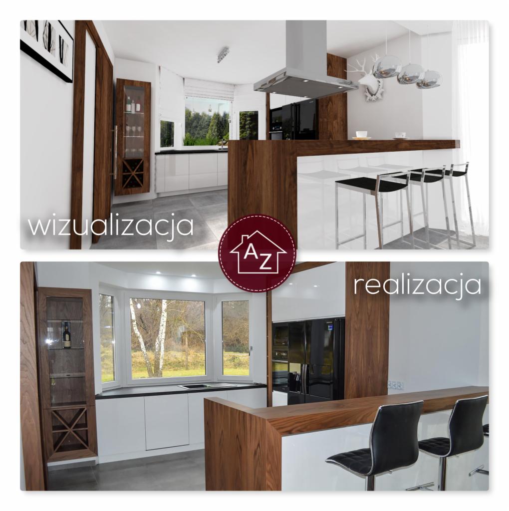 Porównanie wizualizacji 3D i realizacji kuchni: białe fronty, drewniane wykończenia, wyspa z hokerami, widoczna witryna z półkami na wino.