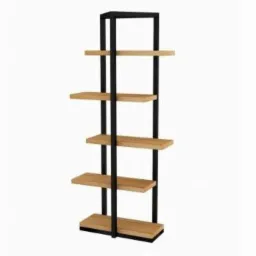 Regał z drewnianymi półkami i czarną metalową ramą, widok z przodu na białym tle.