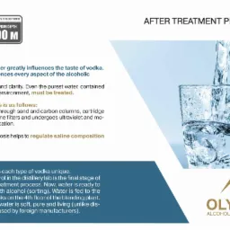 Woda po procesie uzdatniania, wlewana do szklanki, z informacją o wpływie jakości wody na smak w&oacute;dki i logo firmy OLYMP Alcohol Company.