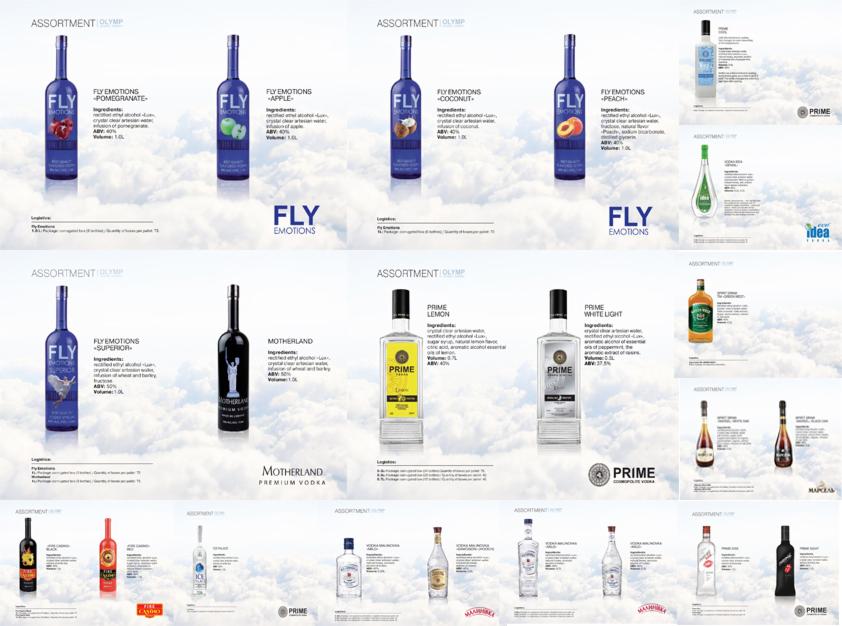 Katalog z różnymi markami i smakami wódek, prezentowany na tle chmur, w tym Fly Emotions z granatem, jabłkiem, kokosem, brzoskwinią, Superior, Motherland Premium Vodka, Prime Lemon i Prime White Light