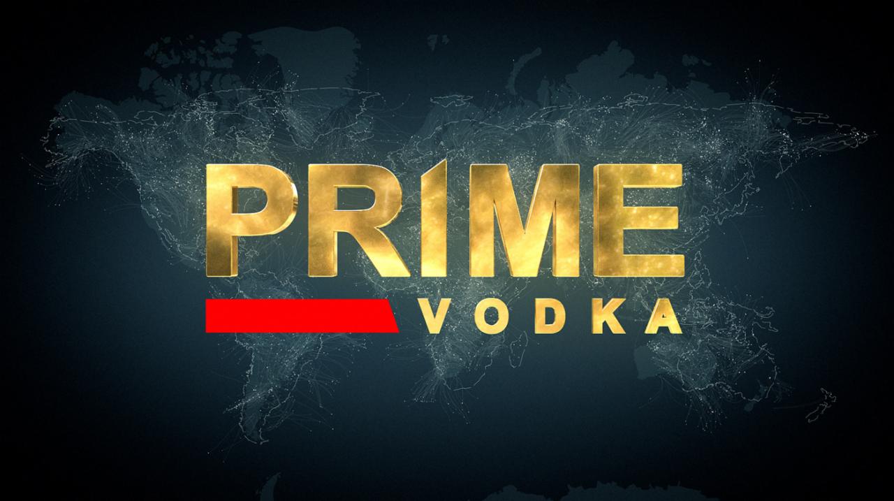 Złote litery PRIME nad czerwonym paskiem i napisem VODKA na tle mapy świata z efektem cyfrowych połączeń.