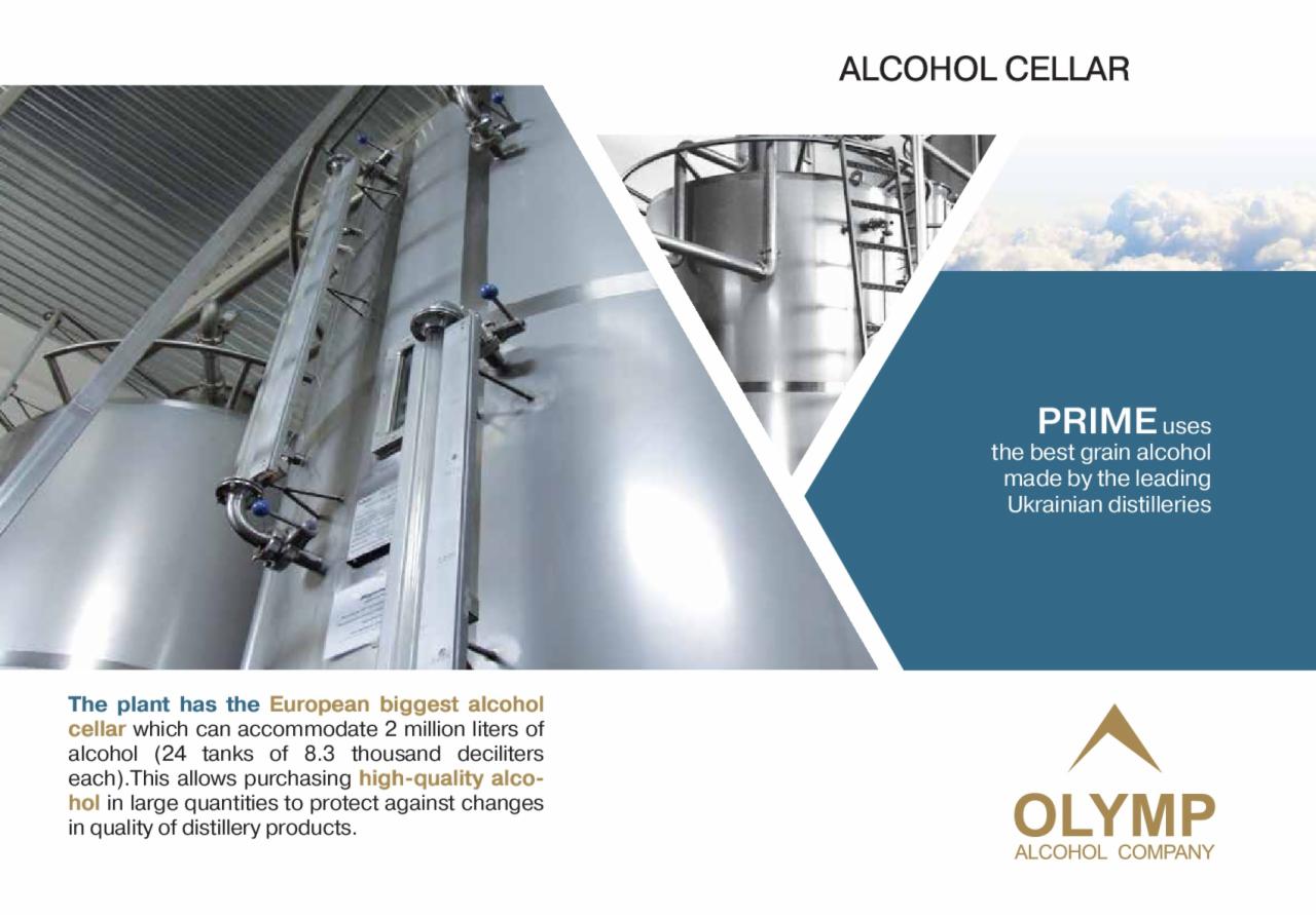 Wnętrze przemysłowej piwnicy z dużymi, srebrnymi zbiornikami na alkohol i metalowymi rurami, z logo OLYMP ALCOHOL COMPANY w prawym dolnym rogu.