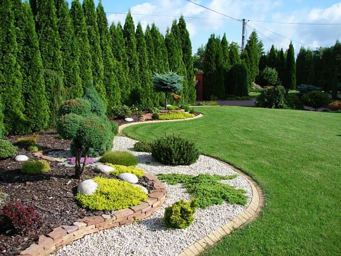 Starannie zaprojektowany ogród przydomowy z równo przystrzyżonym trawnikiem, ozdobnymi rabatami z kamieni i krzewów, oraz wysokim żywopłotem z tuj.