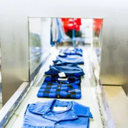 Ułożone na taśmie produkcyjnej niebieskie koszule robocze, w tym jedna flanelowa w kratę, z widocznymi metkami i guzikami, w tle wieszaki z ubraniami.