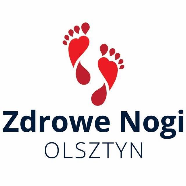 Logo firmy 'Zdrowe Nogi' z Olsztyna, przedstawiające stylizowane czerwone odciski stóp w kształcie serc.
