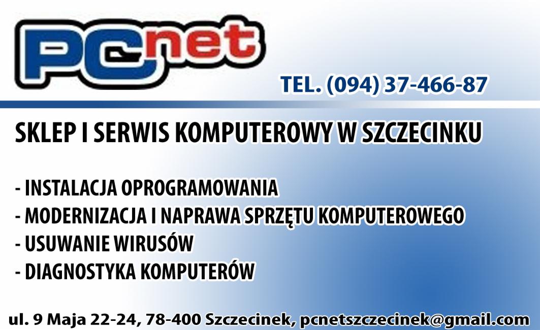 Wizytówka firmy PCnet ze Szczecinka oferującej sklep i serwis komputerowy, instalację oprogramowania, modernizację i naprawę sprzętu, usuwanie wirusów oraz diagnostykę komputerów, z adresem...