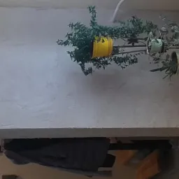 Ściana z dekoracyjną szarą strukturą, wiszące rośliny w kolorowych doniczkach i fragment mebla.