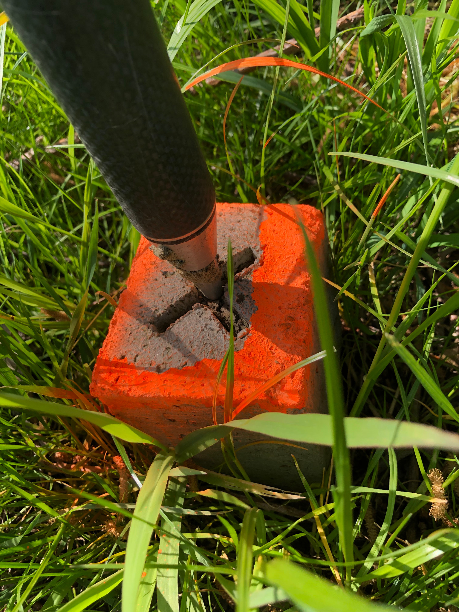 Pomarańczowy słupek geodezyjny z wyżłobionym krzyżem, wbity w ziemię porośniętą trawą, z widocznym fragmentem tyczki geodezyjnej.