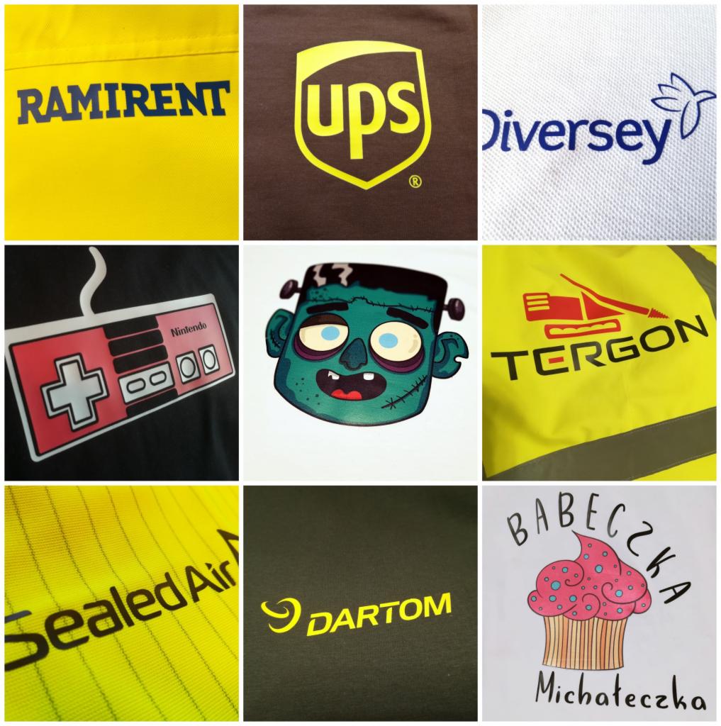 Kolaż przedstawiający nadruki na odzieży i materiałach: logo firmowe UPS, Diversey, Tergon, Dartom, Ramirent, Sealed Air, grafika kontrolera Nintendo, rysunek Frankensteina i ilustracja babeczki...