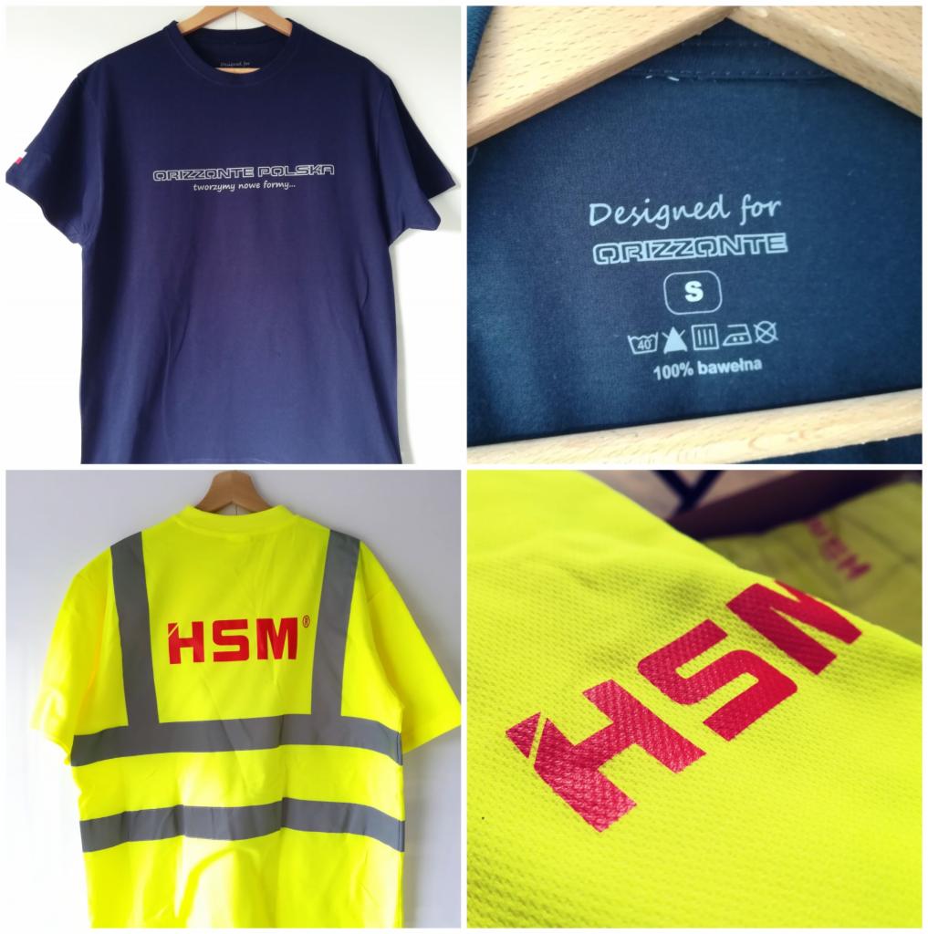 Kompozycja czterech ujęć: granatowa koszulka z nadrukiem 'ORIZZONTE POLSKA', zbliżenie metki tej koszulki z informacją o składzie (100% bawełna) i rozmiarze (S), żółta koszulka odblaskowa...