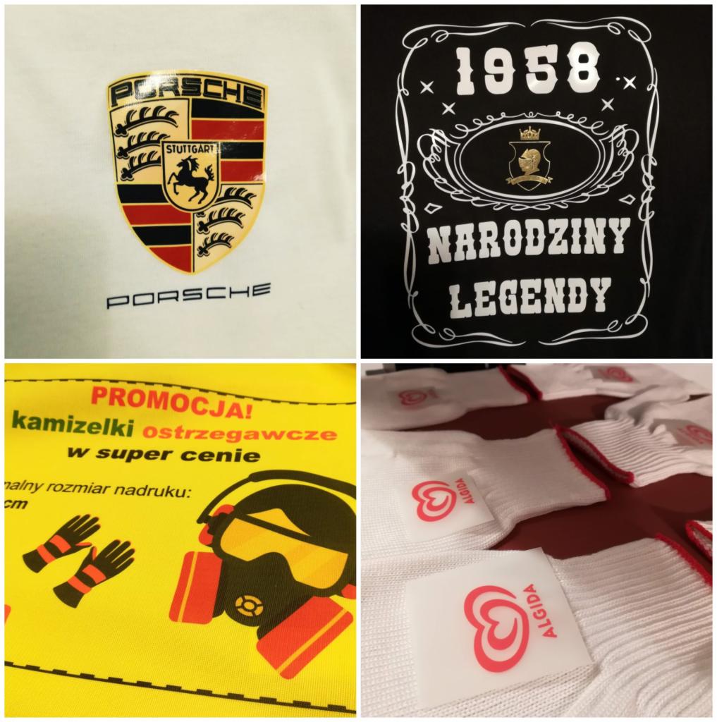 Zestawienie zdjęć: koszulka z logo Porsche, koszulka z napisem 'Narodziny Legendy 1958', żółta kamizelka ostrzegawcza z nadrukiem i rękawice z logo Algida.