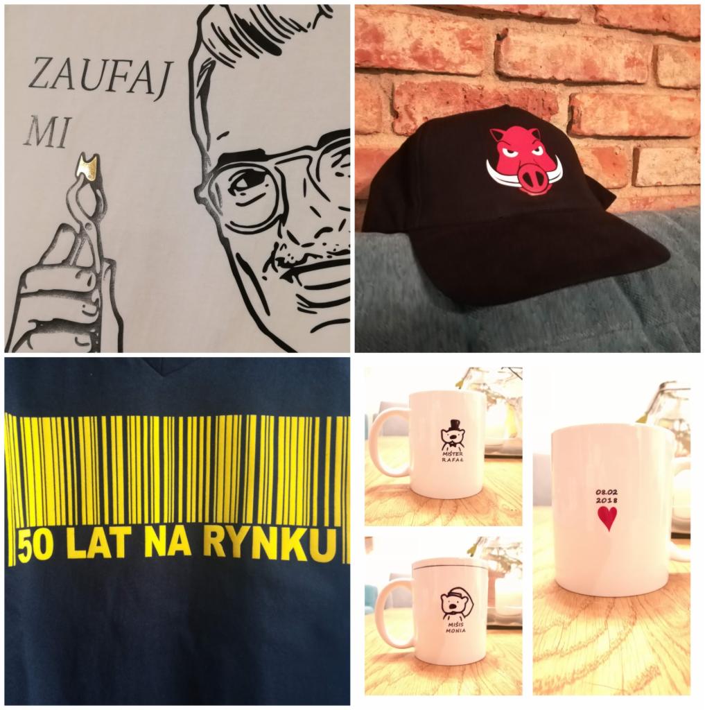 Kolaż prezentujący różne produkty z nadrukami: koszulka z kodem kreskowym i napisem '50 lat na rynku', czapka z dzikiem, kubki z różnymi grafikami i napisami, oraz grafika z mężczyzną i hasłem...
