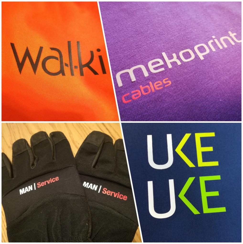 Kompozycja czterech zbliżeń na odzież i rękawice z nadrukami: pomarańczowa tkanina z napisem 'Walki', fioletowa tkanina z napisem 'mekoprint Cables', czarne rękawice robocze z napisem 'MAN |...