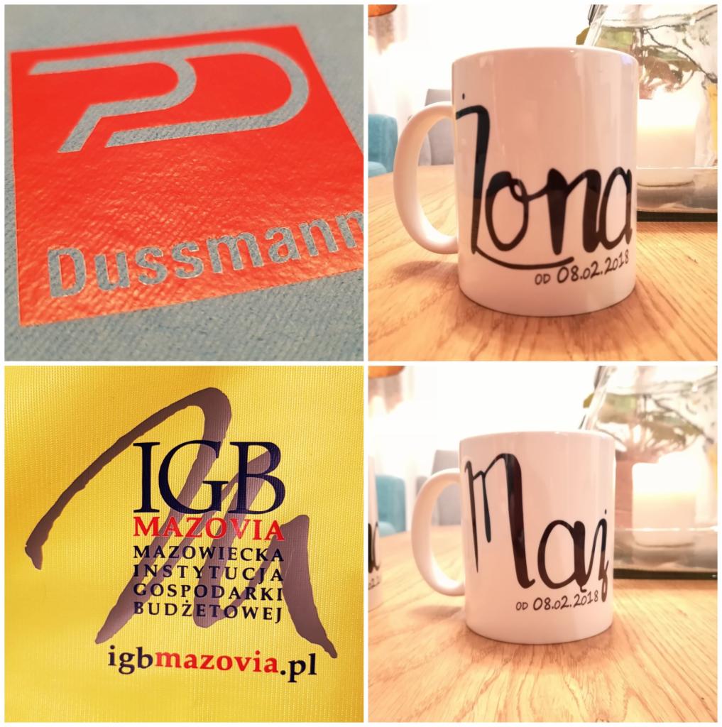 Kolaż czterech zdjęć: logo firmy Dussmann na pomarańczowym tle, kubek z imieniem 'Ilona' i datą, logo IGB Mazovia na żółtym tle, kubek z imieniem 'Maja' i datą. Wszystkie zdjęcia mają podobne...