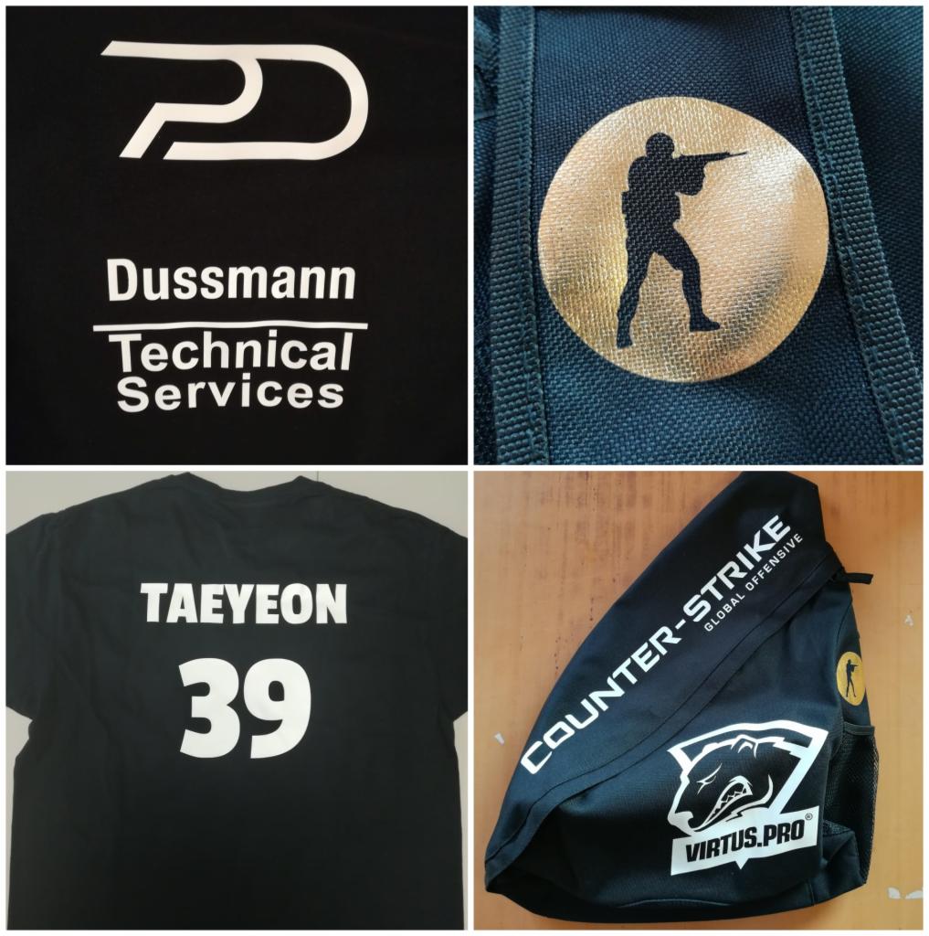 Kompozycja czterech zdjęć: czarna koszulka z białym logo Dussmann Technical Services, naszywka z sylwetką żołnierza na ciemnym tle, czarna koszulka z białym napisem TAEYEON i numerem 39,...