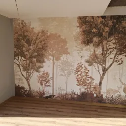 Pokój z fototapetą leśną w odcieniach brązu. Na podłodze panele, ściany szare. Fragment sufitu z widocznymi niedoróbkami. Realizacja z dbałością o detal.