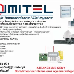 Katalog usług firmy Jumitel: rozdzielnia elektryczna, elementy systemu alarmowego, kamery monitoringu, centrala alarmowa, telefon z aplikacją, antena satelitarna.