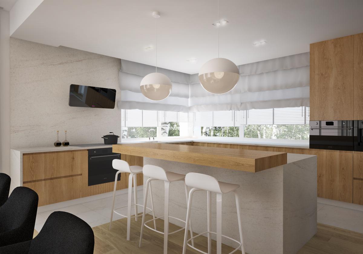 Nowoczesna kuchnia z drewnianymi szafkami, wyspą z blatem z litego drewna, białymi hokerami i okrągłymi lampami wiszącymi, widok na okno z żaluzjami.