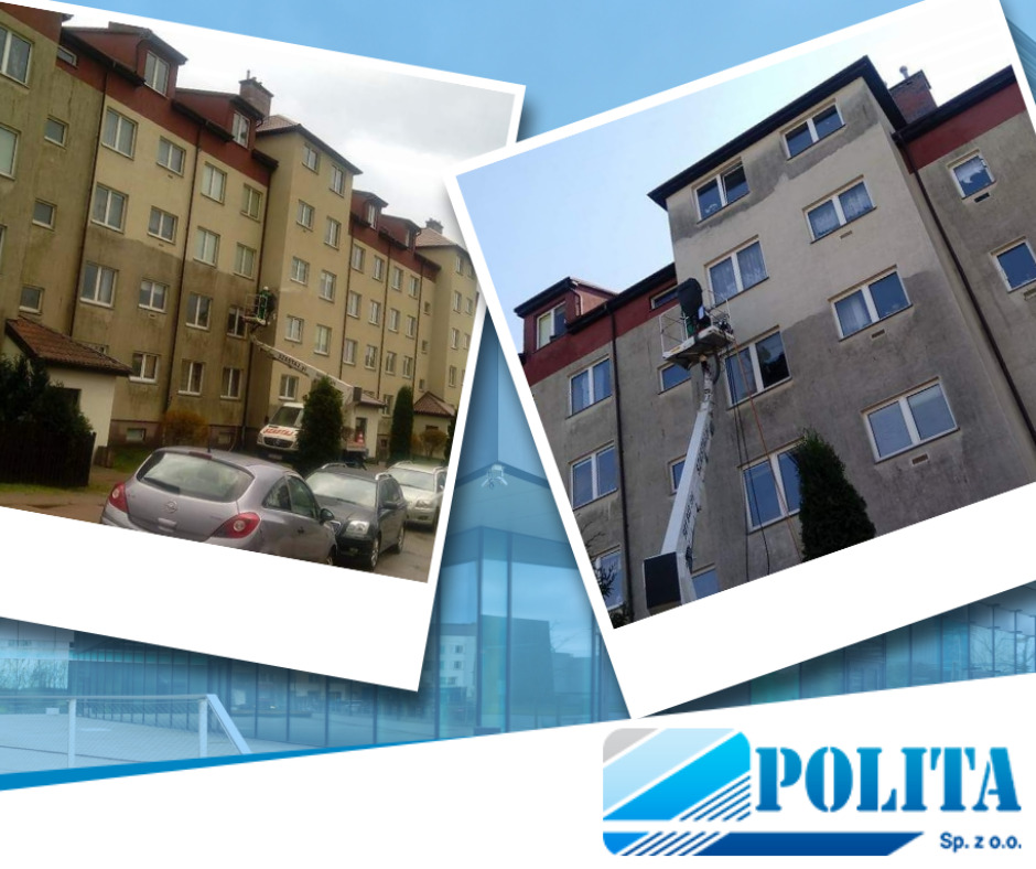 Dwa zdjęcia w kolażu przedstawiające mycie elewacji bloku mieszkalnego z użyciem podnośnika koszowego; na pierwszym zdjęciu widok ogólny bloku z zaparkowanymi samochodami, na drugim zbliżenie...