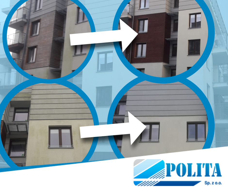 Porównanie elewacji budynku wielorodzinnego przed i po czyszczeniu, z widoczną różnicą w kolorze i czystości, strzałki wskazują na kierunek zmiany, w prawym dolnym rogu logo firmy.