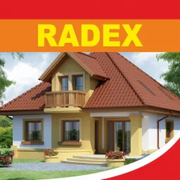 Wizualizacja domu jednorodzinnego z balkonem, dwukondygnacyjnego, z dachem pokrytym czerwoną dachówką, w kolorach żółto-białym, z logo firmy RADEX na górze obrazu.
