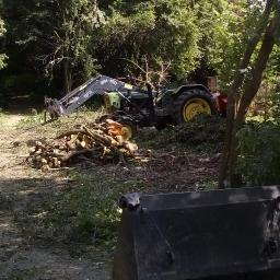 Zakład Usług Leśnych Mariusz Jakubaszek - Zielony traktor z ładowarką WOL-MET zbiera pocięte gałęzie w lesie, w tle widoczny znak 'Sprzedam'.