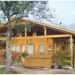 Tatran 3R Sp. z o.o. - Drewniany dom z bali z widocznym stosem drewna obok, otoczony zielenią i drzewami, w tle mglista sceneria. Widoczny fragment werandy i mały ogródek.