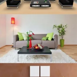 Wizualizacja trzech różnych salonów: minimalistyczny czarno-biały, przytulny z zielonymi akcentami i dywanem shaggy, oraz nowoczesny z brązową ścianą i białymi kwadratami.