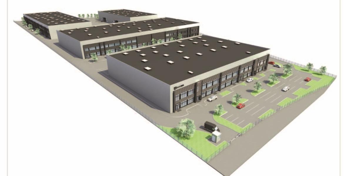 Wizualizacja kompleksu budynków biurowo-magazynowych z parkingiem i zielenią, prezentowana z perspektywy lotu ptaka.