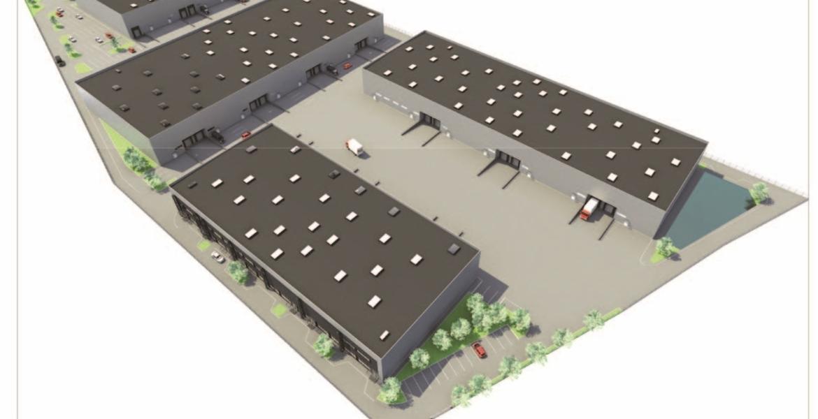 Wizualizacja kompleksu budynków magazynowych z rampami załadunkowymi, parkingiem i zielenią, widzianych z lotu ptaka.