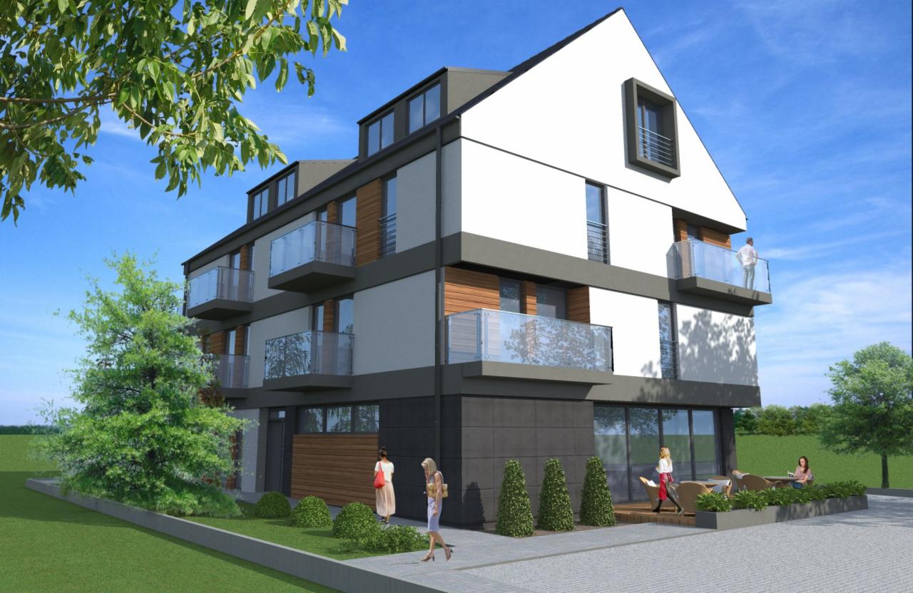 Wizualizacja nowoczesnego, trzypiętrowego budynku apartamentowego z balkonami o szklanych balustradach, otoczonego zielenią i z postaciami ludzi na zewnątrz.