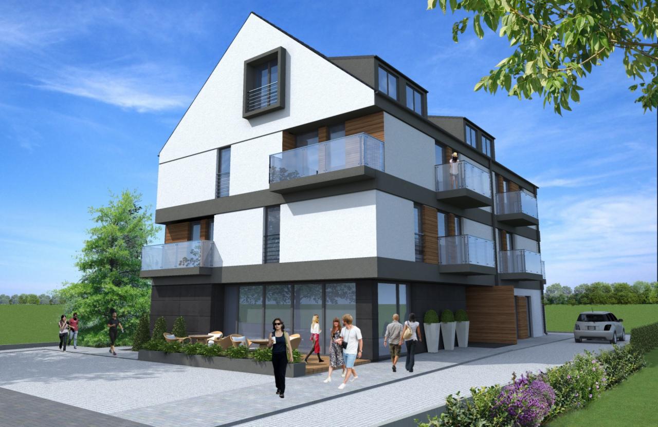 Wizualizacja trzypiętrowego budynku mieszkalnego z balkonami i płaskim dachem, z elementami drewnianej elewacji, na pierwszym planie chodnik z przechodzącymi ludźmi i zaparkowany samochód.