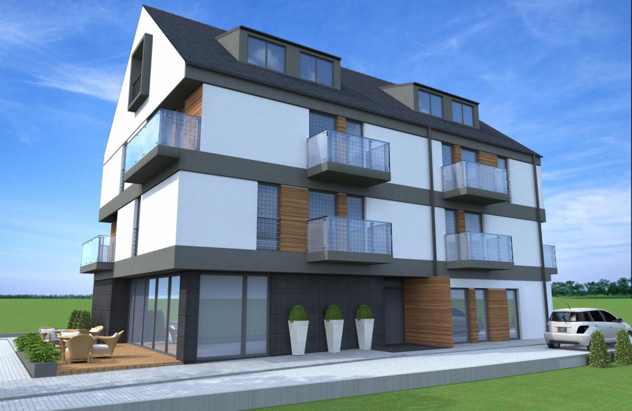 Wizualizacja nowoczesnego, trzypiętrowego domu murowanego z balkonami z przezroczystymi balustradami, szarą stolarką okienną i drewnianymi panelami elewacyjnymi, z małym patio z meblami ogrodowymi...