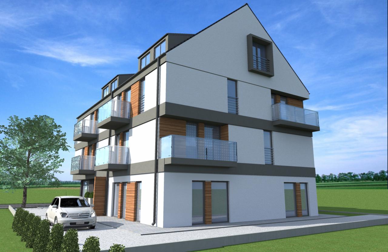 Wizualizacja 3D trzypiętrowego budynku mieszkalnego z balkonami o szklanych balustradach, z samochodem osobowym zaparkowanym przed budynkiem, na tle błękitnego nieba.