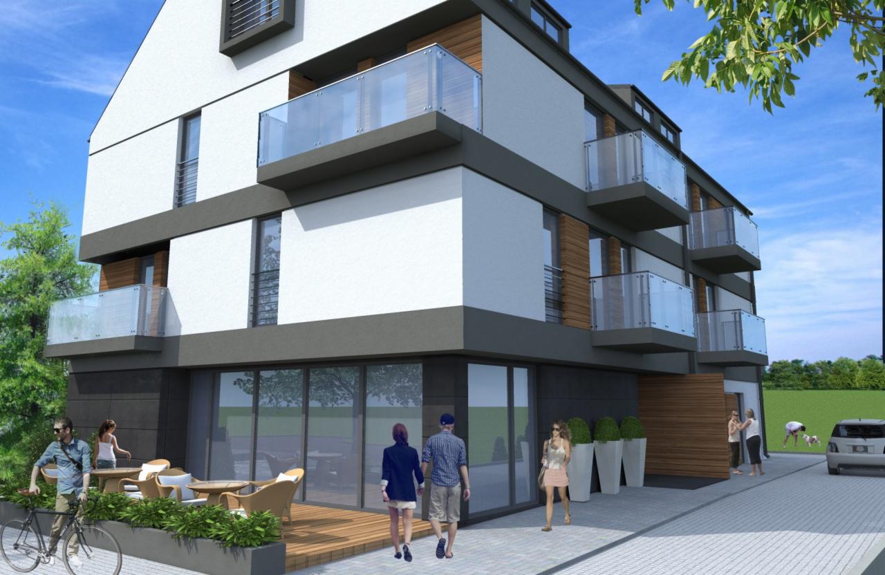 Wizualizacja nowoczesnego, trzypiętrowego budynku mieszkalnego z balkonami z przezroczystymi balustradami, drewnianą elewacją i zewnętrznym tarasem z meblami ogrodowymi.