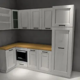 Wizualizacja 3D kuchni z białymi szafkami i drewnianym blatem, z piekarnikiem w zabudowie, oświetlenie studyjne, szare tło.