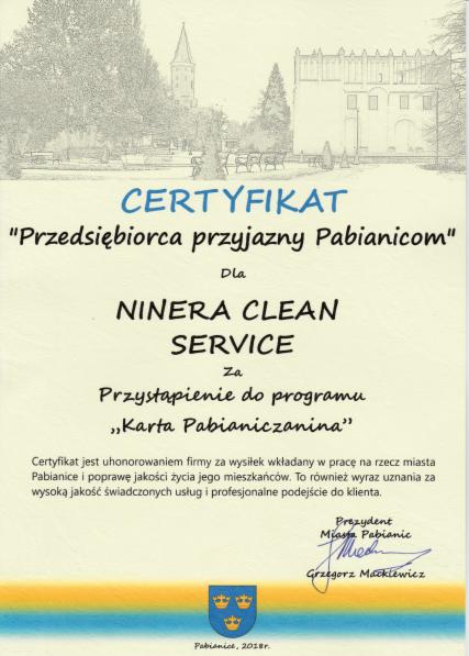 Certyfikat 'Przedsiębiorca przyjazny Pabianicom' dla firmy Ninera Clean Service za przystąpienie do programu 'Karta Pabianiczanina', z rysunkiem Pabianic w tle.