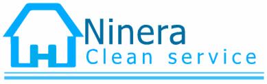 NINERA Clean Service: jasnoniebieskie logo firmy sprzątającej z symbolem domu i podwójną linią u dołu.