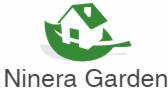Zielone logo firmy Ninera Garden przedstawiające stylizowany dom na liściu.