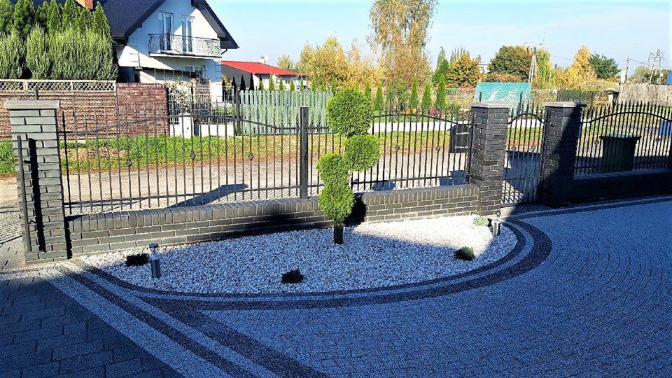 Uformowany krzew w kształcie trzech kul rosnący na białym żwirze w okrągłym klombie przed czarnym, kutym ogrodzeniem z ceglanymi słupkami, widok na dom z balkonem w tle.
