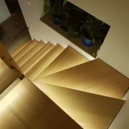 Drewniane schody spiralne z podświetleniem LED, widok z góry, z roślinami doniczkowymi w niszy ściennej