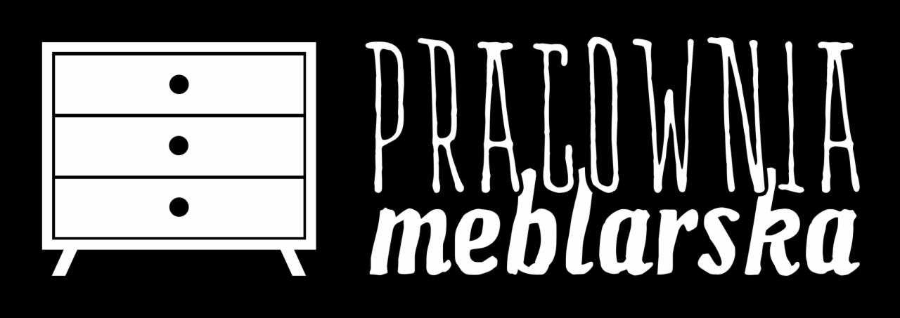 Grafika wektorowa przedstawiająca białą komodę z trzema szufladami obok napisu 'PRACOWNIA meblarska' na czarnym tle.