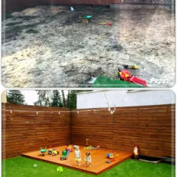 Porównanie stanu działki przed i po budowie drewnianej altany z podestem i ogrodzeniem z desek, na którym bawią się dzieci.